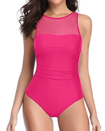 Women High Neck One Piece Swimsuits For Women Open Back Swimwear-Neon Pink Chic Bikini Set