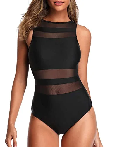 Slimming High Neck One Piece Swimsuits For Women Mesh Bathing Suits-Black Sleek Racerback Swimsuit