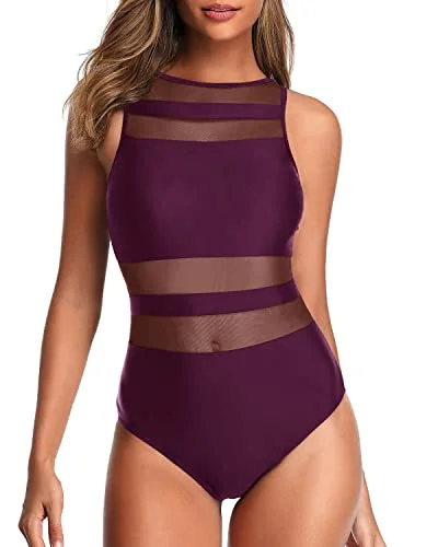 Charming Curves See Through Sheer One Piece Swimsuits Sheer Swimsuits-Maroon Elegant Halter Bikini