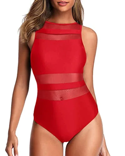 Slimming Women's High Neck One Piece Swimsuits Open Back Swimwear-Red Cross-Back Bikini