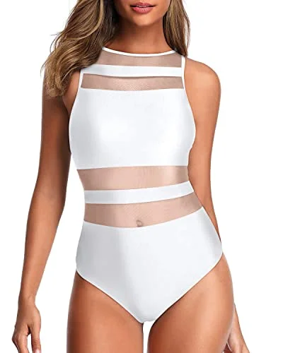 High Neck One Piece Swimsuits For Women Open Back Swimwear-White Retro Swimwear Style