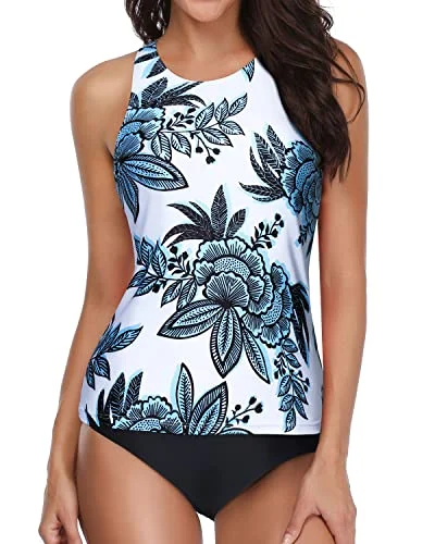 Tummy Control Slimming Tankinis For Women-White And Blue Floral Bold Color Swimsuit