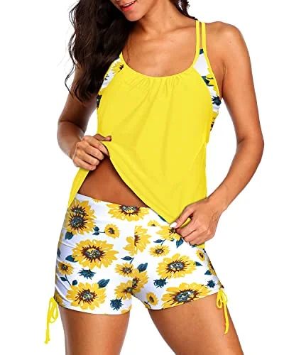 Criss Cross Tankini Swimsuits Two Piece Tummy Control Bathing Suits-Yellow And Sunflower Button-Front Swimsuit