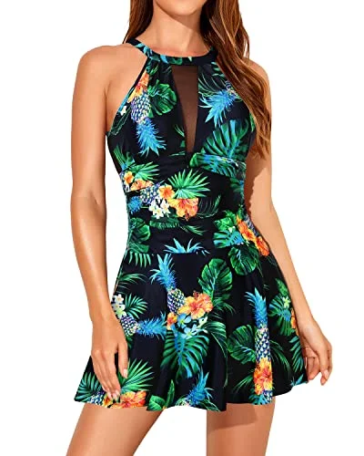 Women's One Piece High Neck Swimdress Tummy Control Halter Swimsuit Dress Sexy Two-Piece Set