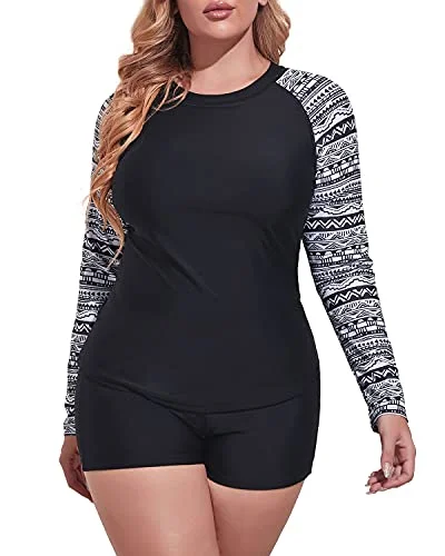 Women's Plus Size 2 Piece Rash Guard Swimsuit Boyleg Bottom-Black And White Snake Print Sleek Mesh Bikini
