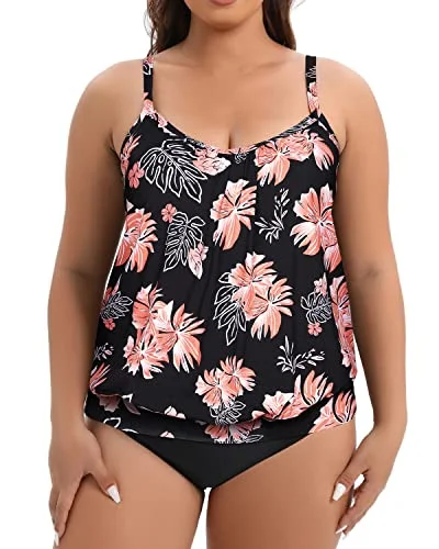 Women's Plus Size Crew Neck Blouson Tummy Control High Waisted Tankini Set With Built-In Brief-black orange floral1 Ruffled Swimsuit Top