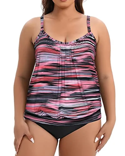 Blouson Tankini Tops With Swim Bottoms For Women-Pink Stripe Fun Pattern Swimsuit