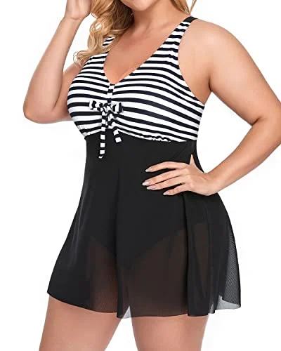 Plus Size Tummy Control Swimsuit For Women Swimdress-Black And White Stripe Retro Swimwear Style