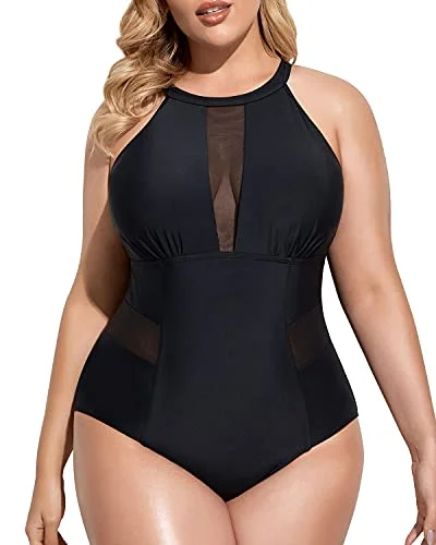 Sleek High-Neck Plus Size Swimwear Tummy Control For Curvy Women-Black Classic One-Piece