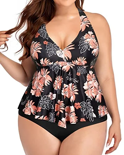 Plus Size Tummy Control Halter Tankini Top With Bottoms-Black Orange Floral Retro Swimwear Style