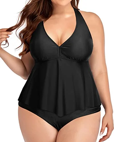 Ruffle Plus Size Halter High Waisted Tankini Set For Women-Black Adjustable Swim Top