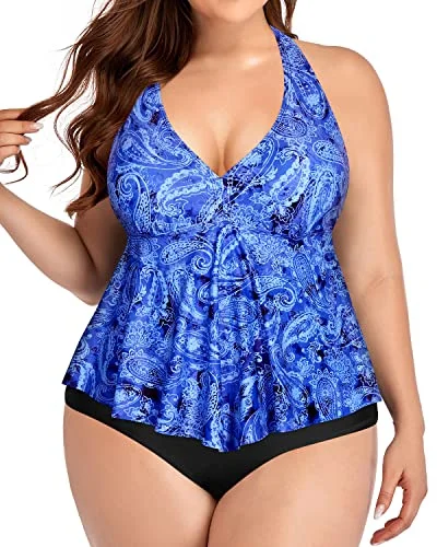 Ruffle Plus Size Two Piece High Waisted Swimsuits For Women-Blue Tribal Strap Bikini Set