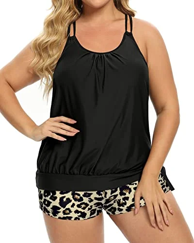 Blouson Tummy Control Plus Size Two Piece Tankini Bathing Suits For Women-Black And Leopard Classic One-Piece