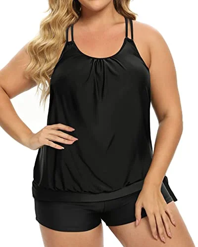 Women Plus Size Two Piece Tankini Swimsuit Criss Cross Back Bathing Suits-Black Chic Beach Cover-Up