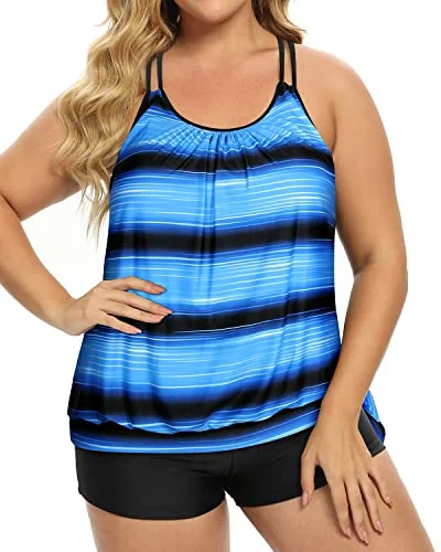 Women Plus Size Two Piece Tankini Swimsuit Tummy Control Bathing Suits-Blue And Black Stripe Vibrant Bikini Bottoms