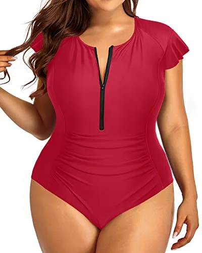 Cap Sleeves Plus Size One Piece Swimsuit For Women Tummy Control Bathing Suits-Red Sexy Swimwear Set