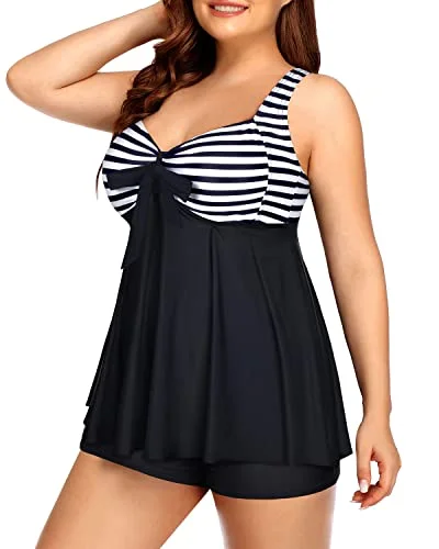 Long Flowy Two Piece Plus Size Tankini Swimsuits For Women-Black And White Stripe Crisscross Back Swimsuit