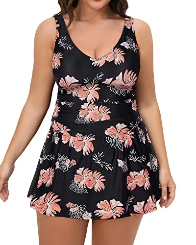 Plus Size One Piece Swim Dress With Tummy Control For Women-Black Orange Floral Shiny One-Piece Swimsuit