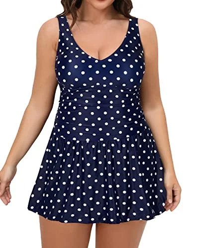 Women Plus Size One Piece Swim Dress Tummy Control-Blue Dot Elegant Ruffled Bikini