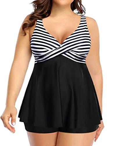 Flowy Plus Size Tankini For Elegant Neck And Curvy Bust Women-Black And White Stripe Floral Swimwear Set