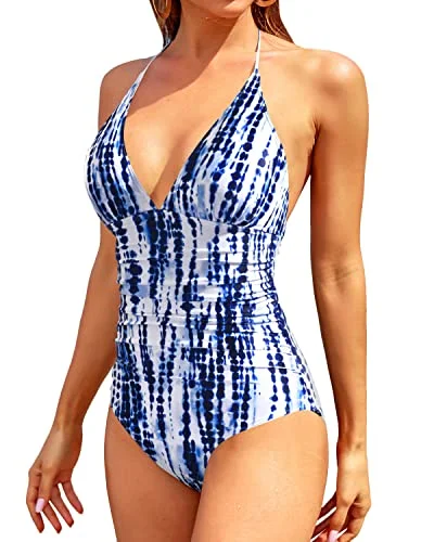 Women's Halter Neck One Piece Swimsuits For Long Torso-Blue Tie Dye Swimsuit with Skirt