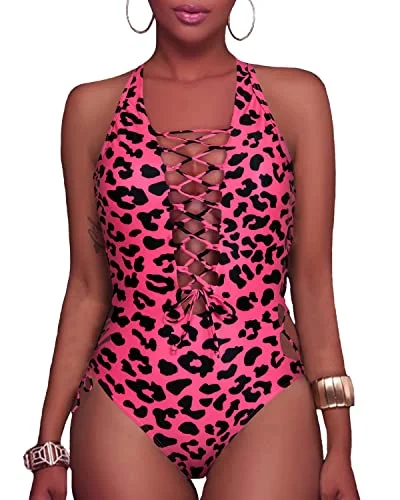 High Cut Cross Back Plunge V Neck One Piece Swimsuits-Hot Pink Leopard Sporty Swim Shorts