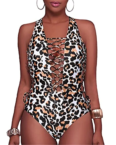 Flattering Lace Up Strappy Cutout Swimwear-Leopard Modern High-Waisted Swimsuit