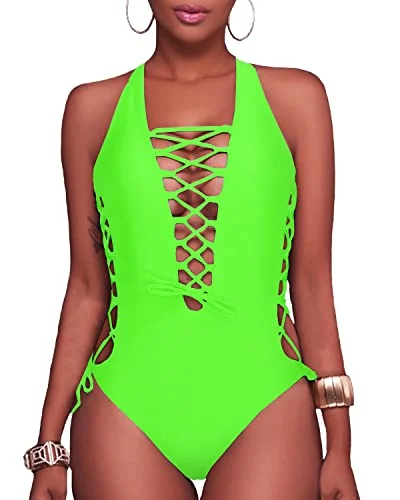 Plunge V Neck Lace Up Monokini One Piece Swimsuit For Curvy Women-Neon Green Vibrant Bikini Bottoms