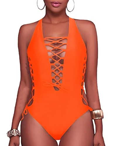 Lace Up Monokini Plunge V Neck One Piece Swimsuits-Neon Orange Sleek Mesh Bikini