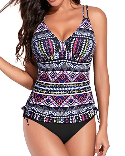 Sporty Adjustable Criss Cross Shoulder Straps Tankini Swimsuits-Black Tribal Floral Swimwear Set