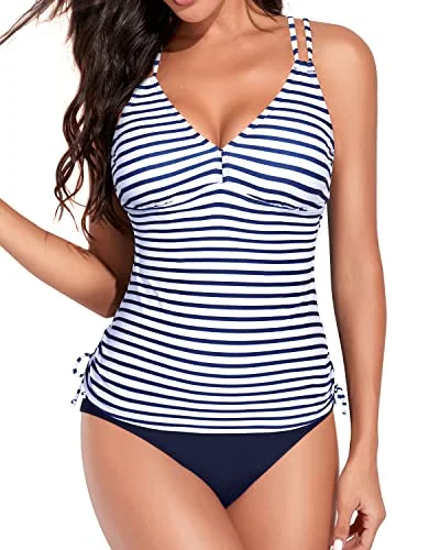 Adjustable Criss Cross Shoulder Straps Tankini Swimsuits-Blue White Stripe Strap Bikini Set