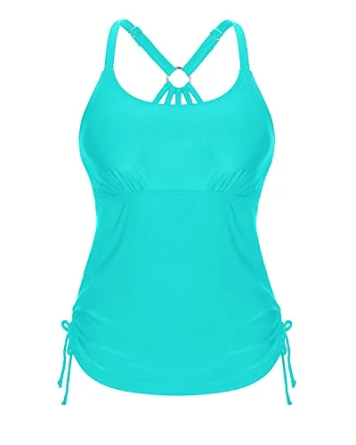 Ruched Tie Side Drawstring Tankini Swimsuit Tops For Women Tankini-Aqua Quick-Dry Swimsuit