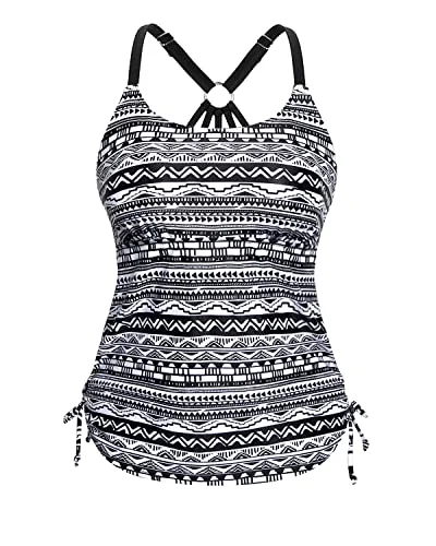 Adjustable Strappy Racerback Tankini Swimsuit Tops For Women Tankini-Black And White Stripe Push-Up Bikini Top