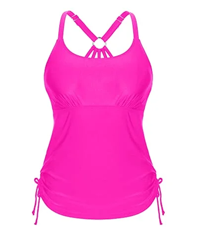 Long & Loose Tankini Tops For Tummy Hiding Swimsuit Tops For Women Tankini-Neon Pink Quick-Dry Tankini