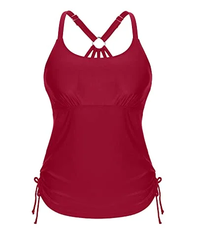 U Neck Tankini Top With Removable Padded Bra Swimsuit Tops For Women Tankini-Red Shiny One-Piece Swimsuit