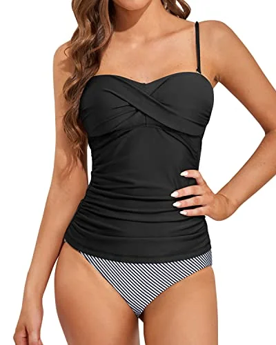 Modest Two Piece Bandeau Tankini With Swim Shorts-Black Stripe Strapless Swimsuit Top