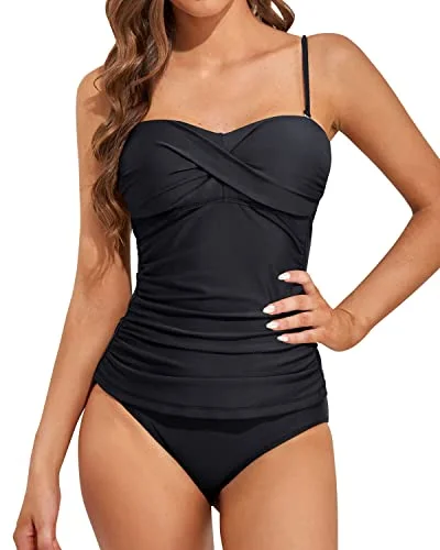 Twist Front Bandeau Tankini With Push Up Cups For Women-Black Timeless Black Bikini