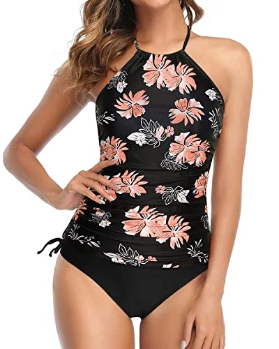 Halter Tankini Two Piece Swimsuits With Backless Tankini And Shorts-Black Orange Floral Vintage Swimwear Look