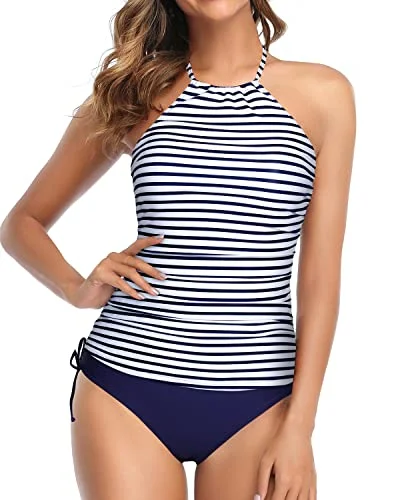 Backless Tankini Two Piece Swimsuits For Women Tummy Control-Blue White Stripe Plus-Size Bikini Set