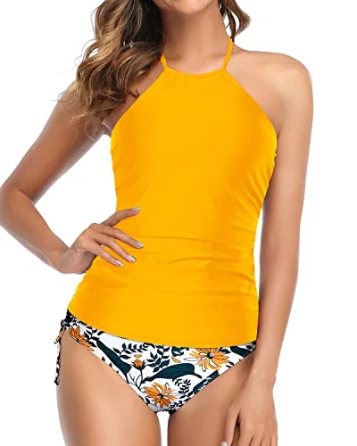 Halter Tankini Two Piece Swimsuits For Women Tummy Control Bathing Suits-Yellow Floral Floral Swimwear Set