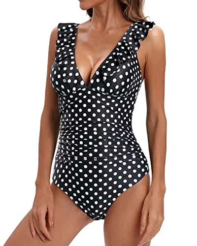 Women's Tummy Control Ruffled V Neck Bathing Suit One Piece Swimwear Minimalist One-Piece