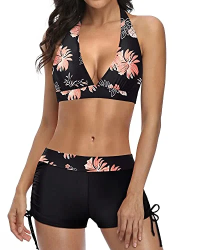 Push Up Bikini Swimsuit Set With Boyshort Two Piece Swimsuit-Black Orange Floral Timeless Black Bikini