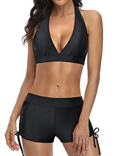 V Neck Push Up Bikini With Boyshort Two Piece Swimsuit-Black Sexy Cutout Swimsuit