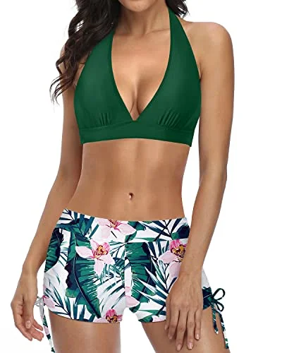 Removable Padding Push Up Bikini With Boyshort Two Piece Swimsuit-Green Tropical Floral Sleek Mesh Bikini