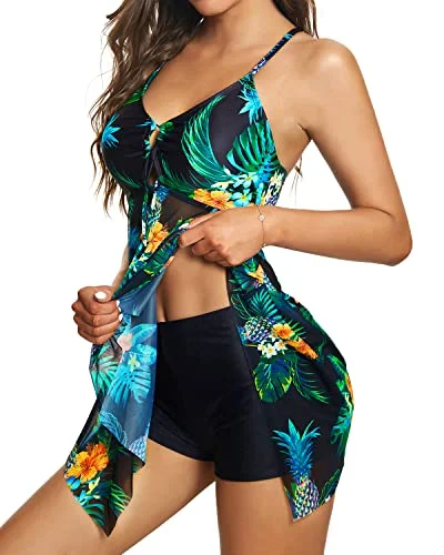 Tummy Control High Waisted Boy Shorts Two Piece Swim Dress-Black Pineapple Stylish Cover-Up Set