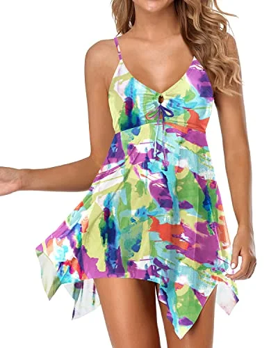 Women Full Coverage Non See Through Two Piece Swim Dress-Color Tie Dye Minimalist One-Piece