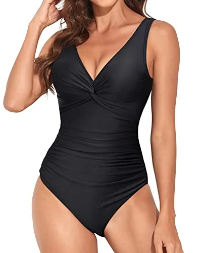 Long Torso Women One Piece Swimsuit Vintage V Neck Twist Bathing Suit-Black Retro-Inspired Bikini Set