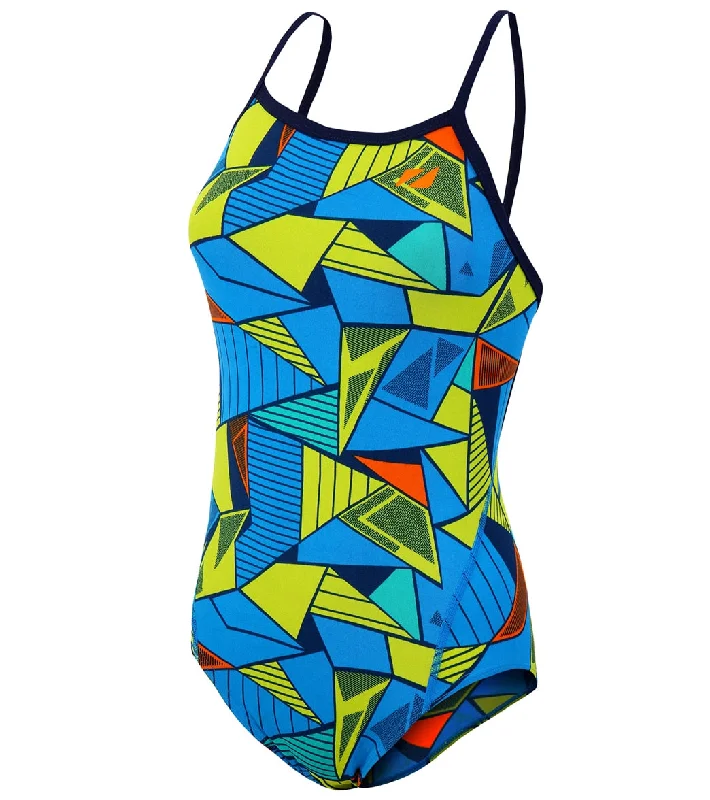 Zone3 Girls Strap Back Prism 2.0 Swimsuit Black/Yellow/Green/White Mesh Panel Swimwear
