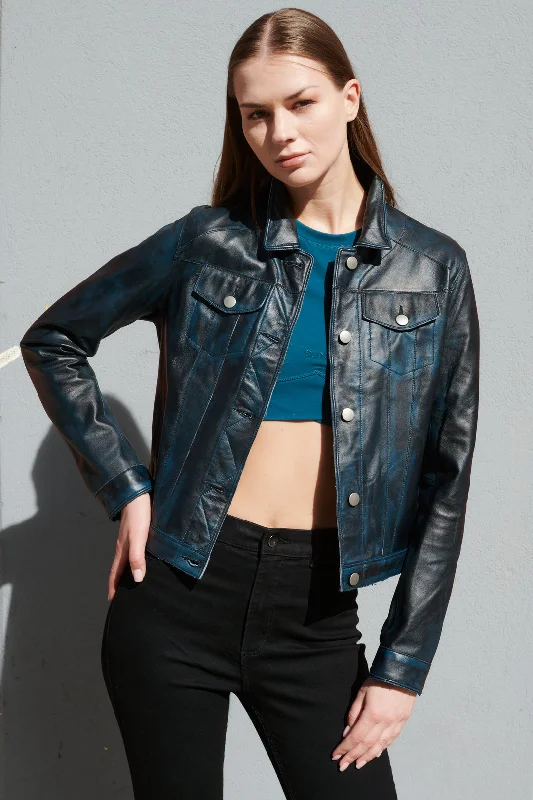 "Alexa" Vintage Waxed Blue Leather Jacket Toggled Jacket Drawstring Jacket Belted Jacket