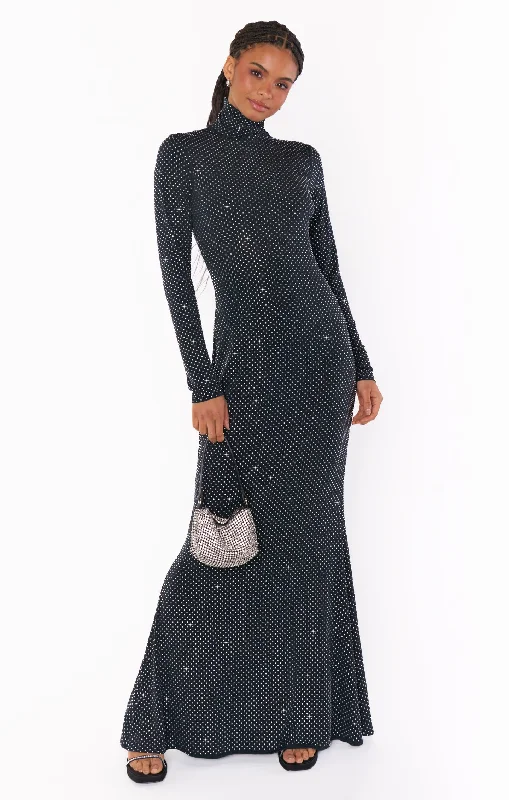 All Out Maxi Dress ~ Black Rhinestone Stretch Fashionable Chiffon Tiered Maxi Dress